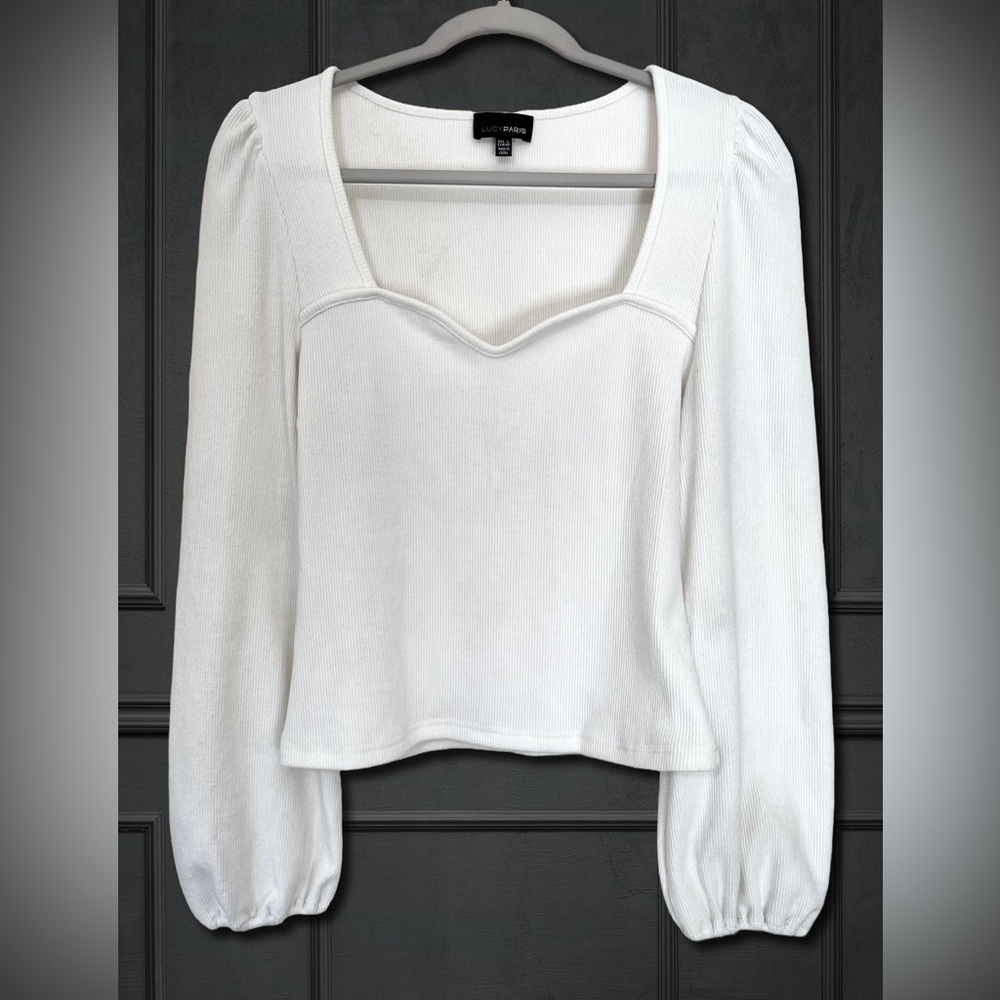 Lucy Paris White Ribbed Knit Sweetheart Puff Sleeve Sweater Top Fitted Size L - Picture 5 of 14
